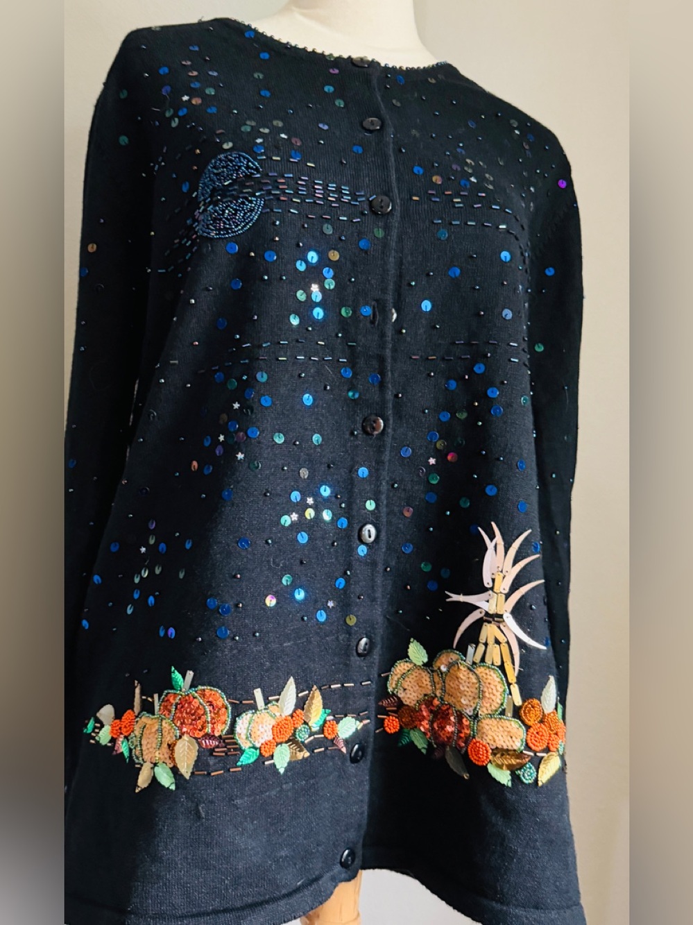 Vintage Quacker Factory Harvest Sweater Cardigan Medium Beaded Pumpkin Fall sz M